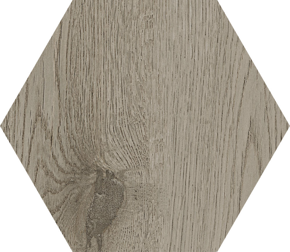 A hexagon ceramic tile, brown with wood grain in color.