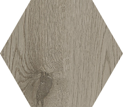 A hexagon ceramic tile, brown with wood grain in color.