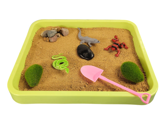 A Reptile Desktop Zen Garden featuring a green tray with sand, various reptile figurines, moss rocks, and stones.