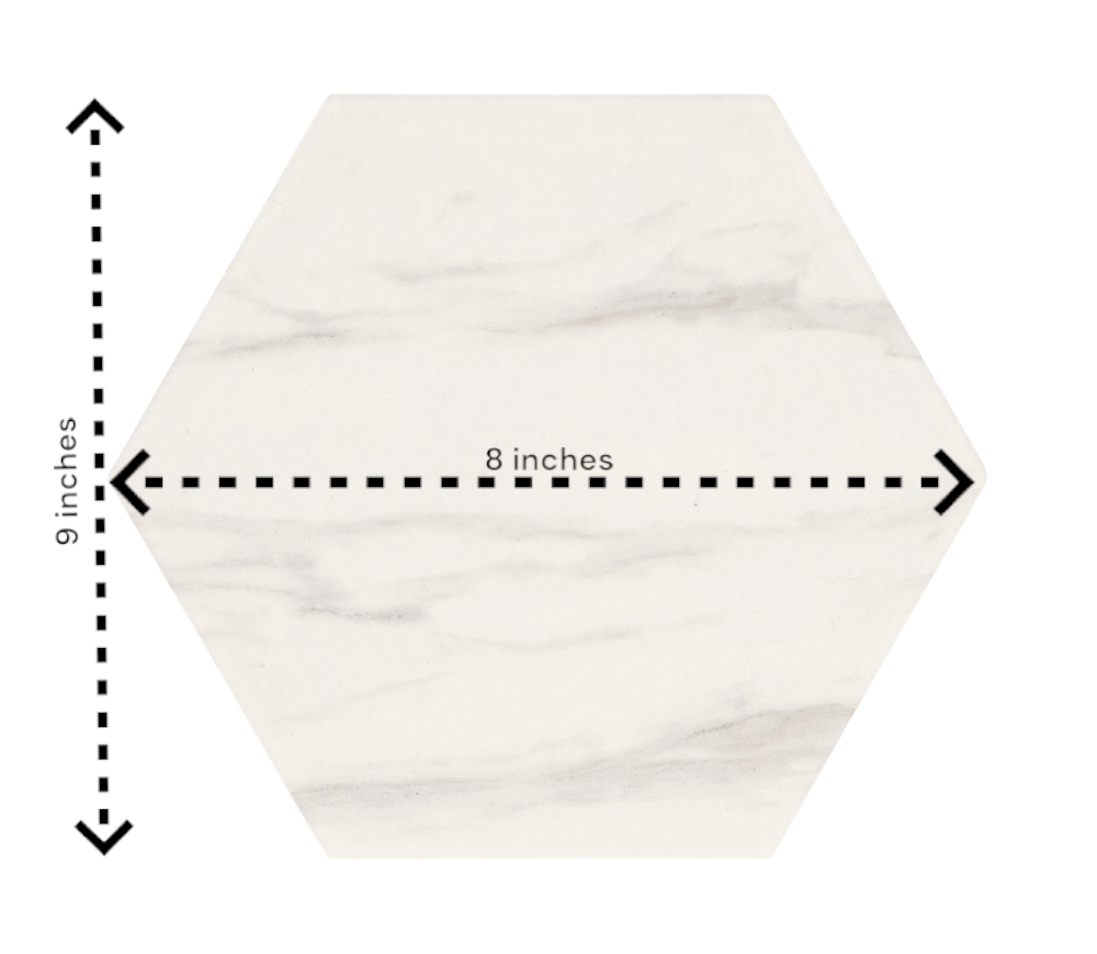 Hexagonal image of a ceramic tile with dimensions of 9 inches tall by 8 inches wide. 